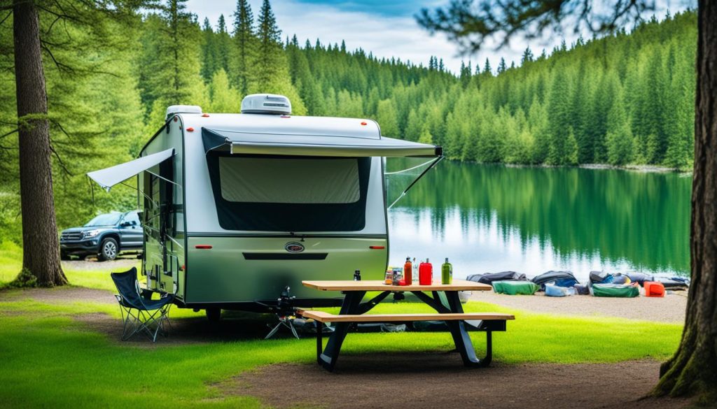 Travel trailer set up with outdoor essentials
